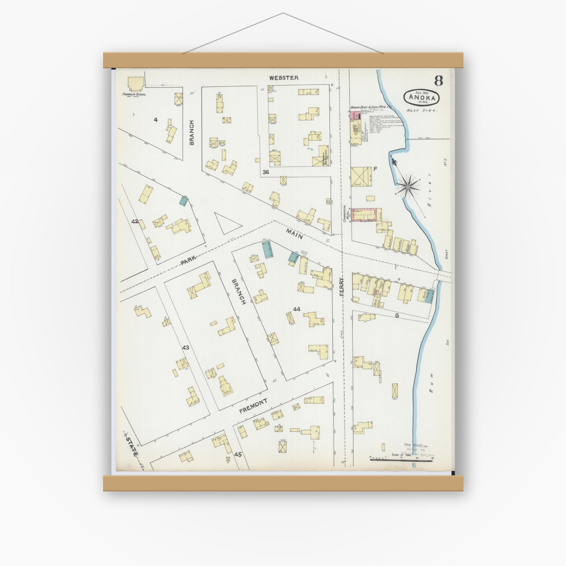 Old map wall art mockup — magnetic wood frame on white wall — Sanborn Fire Insurance Map from Anoka, Anoka County, Minnesota (1891), Sheet #0008