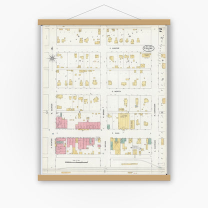 Old map wall art mockup — magnetic wood frame on white wall — Sanborn Fire Insurance Map from Colfax, McLean County, Illinois (1906), Sheet #0002