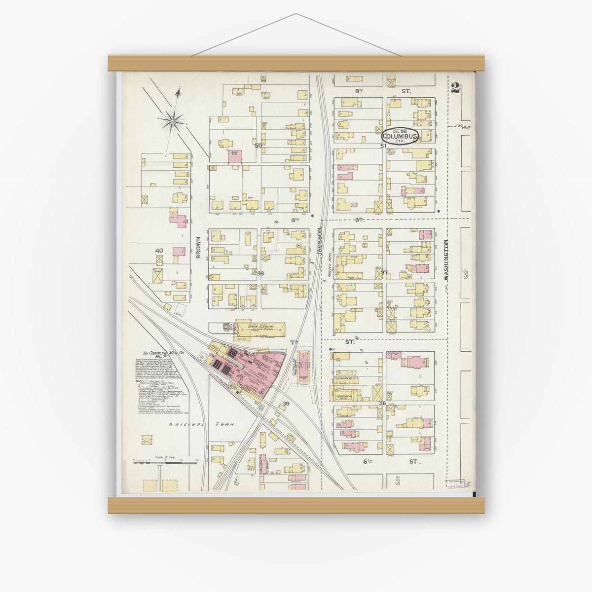 Old map wall art mockup — magnetic wood frame on white wall — Sanborn Fire Insurance Map from Columbus, Bartholomew County, Indiana (1892), Sheet #0002