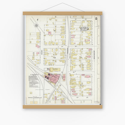 Old map wall art mockup — magnetic wood frame on white wall — Sanborn Fire Insurance Map from Columbus, Bartholomew County, Indiana (1892), Sheet #0002