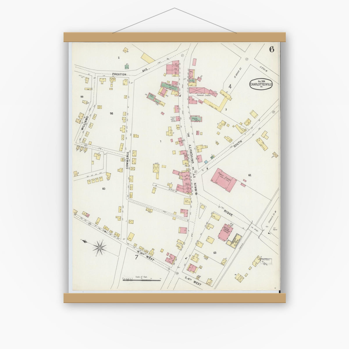 Old map wall art mockup — magnetic wood frame on white wall — Sanborn Fire Insurance Map from Charlottesville, Independent Cities, Virginia (1896), Sheet #0006