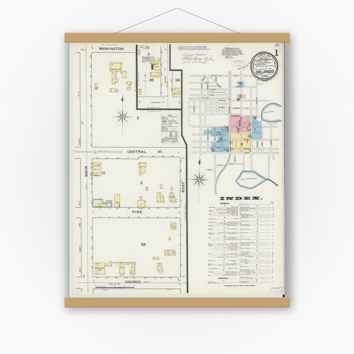 Old map wall art mockup — magnetic wood frame on white wall — Sanborn Fire Insurance Map from Orlando, Orange County, Florida (1892) - Complete Map Set