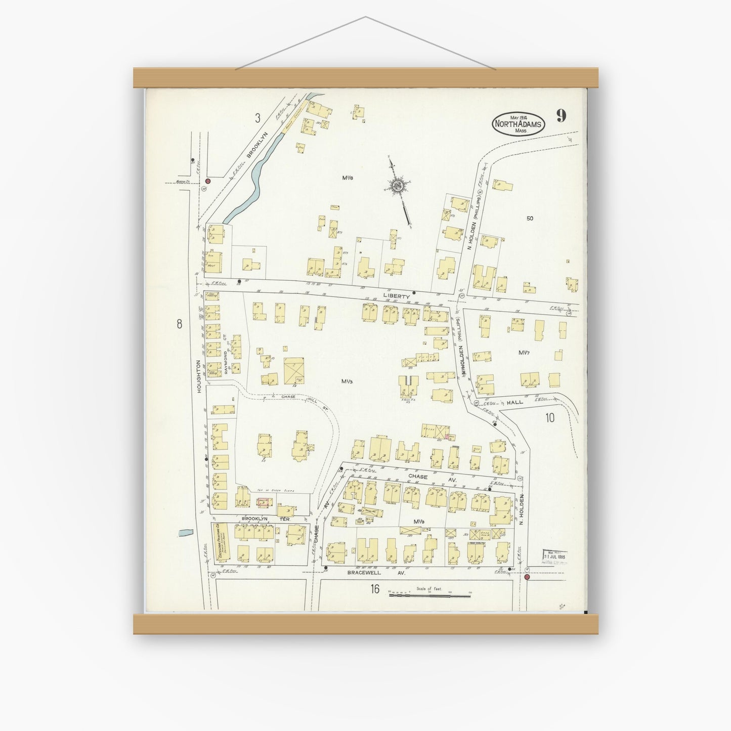 Old map wall art mockup — magnetic wood frame on white wall — Sanborn Fire Insurance Map from North Adams, Berkshire County, Massachusetts (1914), Sheet #0009