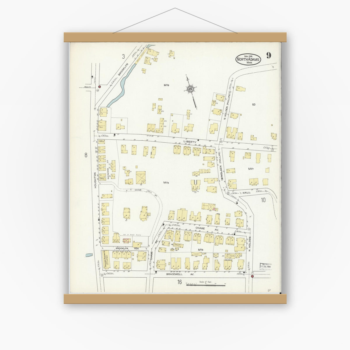 Old map wall art mockup — magnetic wood frame on white wall — Sanborn Fire Insurance Map from North Adams, Berkshire County, Massachusetts (1914), Sheet #0009