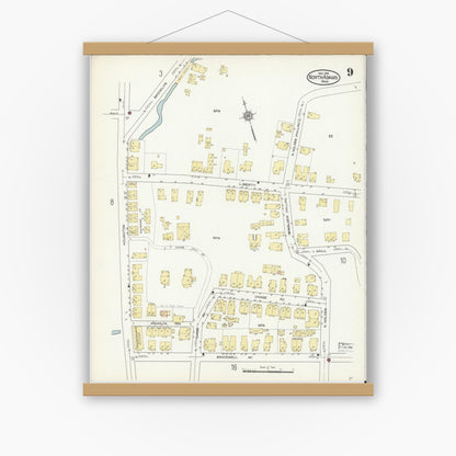 Old map wall art mockup — magnetic wood frame on white wall — Sanborn Fire Insurance Map from North Adams, Berkshire County, Massachusetts (1914), Sheet #0009