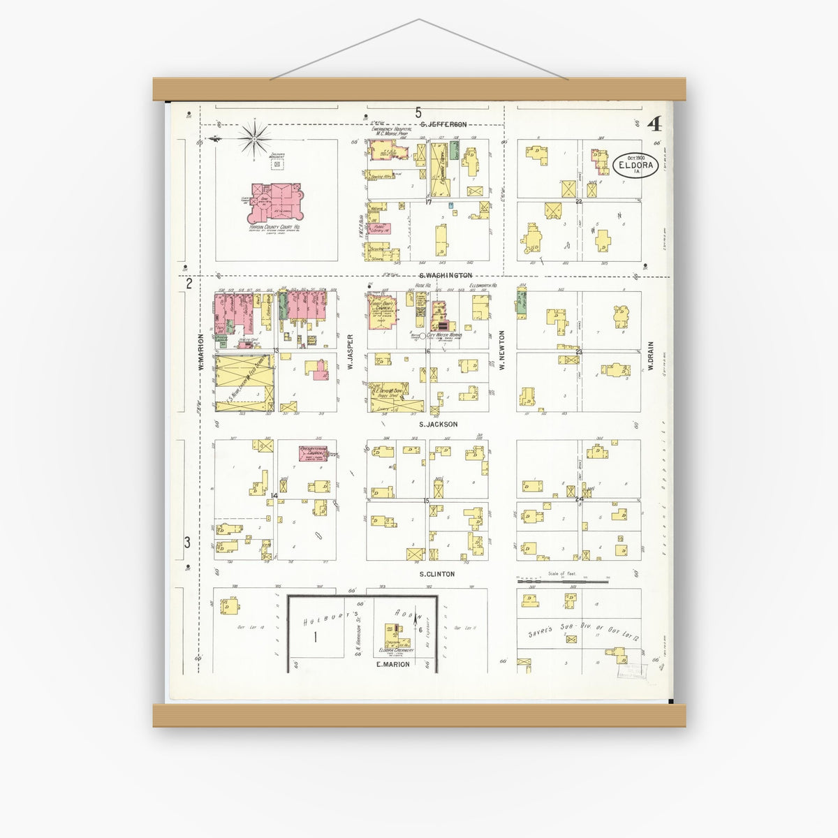 Old map wall art mockup — magnetic wood frame on white wall — Sanborn Fire Insurance Map from Eldora, Hardin County, Iowa (1900), Sheet #0004