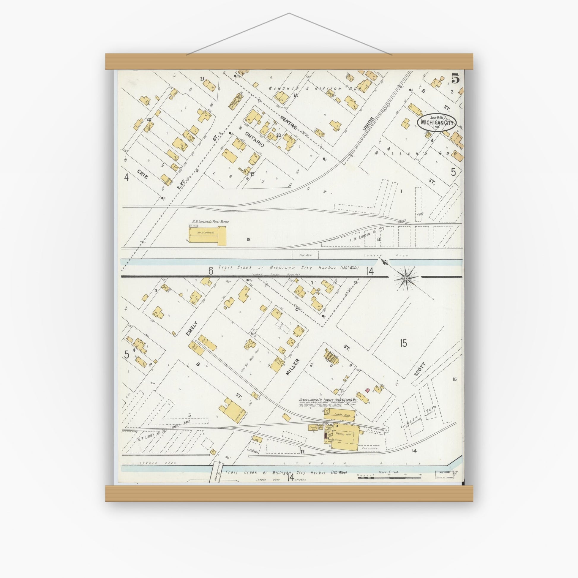 Old map wall art mockup — magnetic wood frame on white wall — Sanborn Fire Insurance Map from Michigan City, La Porte County, Indiana (1899), Sheet #0005