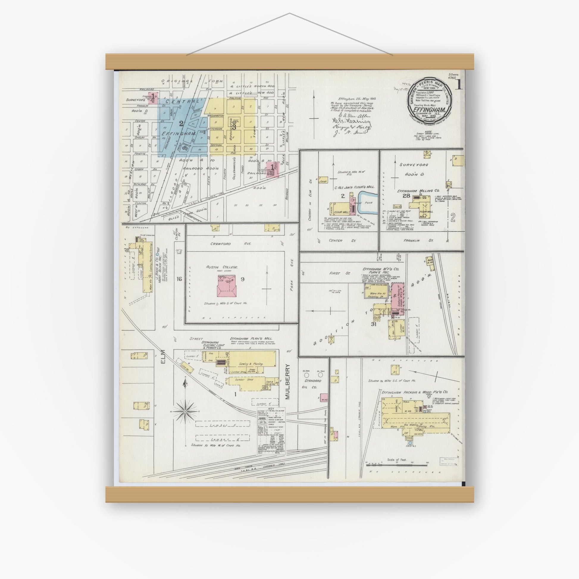 Old map wall art mockup — magnetic wood frame on white wall — Sanborn Fire Insurance Map from Effingham, Effingham County, Illinois (1893), Sheet #0001