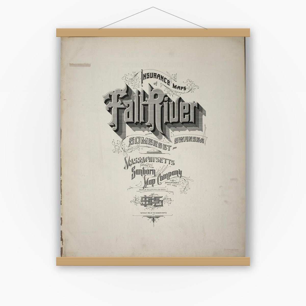 Old map wall art mockup — magnetic wood frame on white wall — Sanborn Fire Insurance Map from Fall River, Bristol County, Massachusetts (1905), Sheet #0001