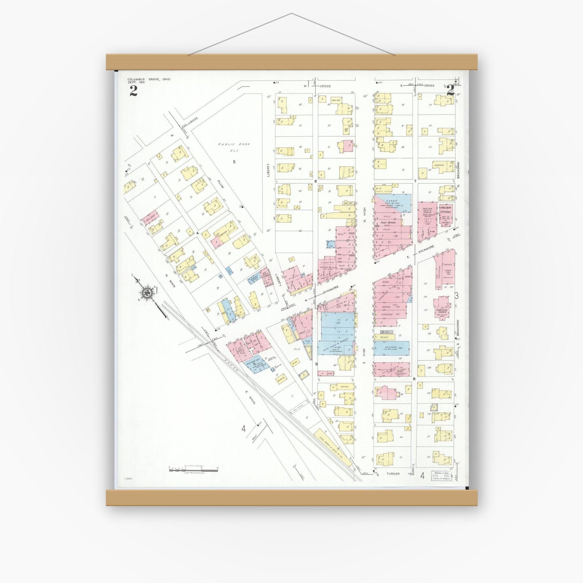 Old map wall art mockup — magnetic wood frame on white wall — Sanborn Fire Insurance Map from Columbus Grove, Putnam County, Ohio (1951), Sheet #0002