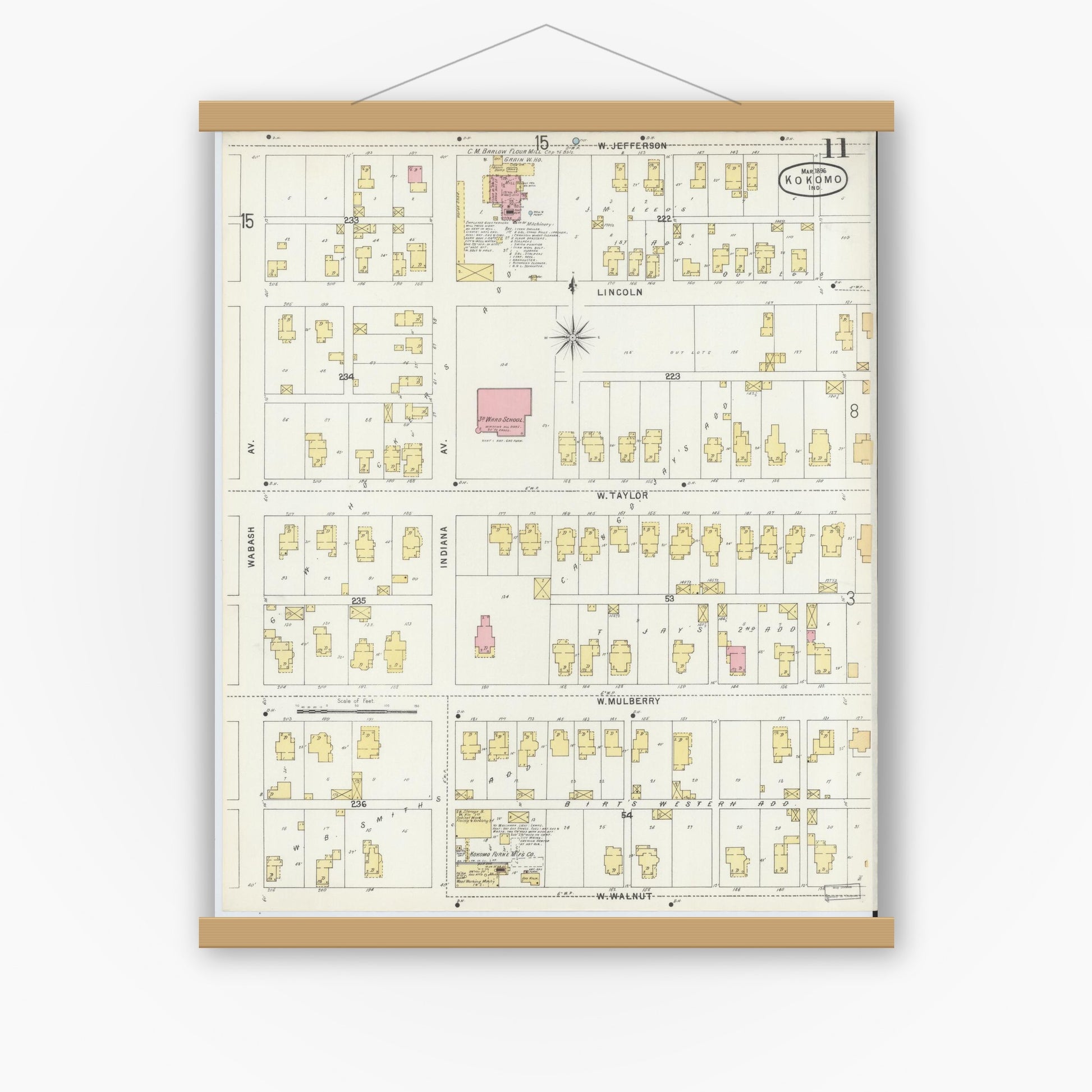 Old map wall art mockup — magnetic wood frame on white wall — Sanborn Fire Insurance Map from Kokomo, Howard County, Indiana (1896), Sheet #0011