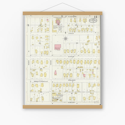 Old map wall art mockup — magnetic wood frame on white wall — Sanborn Fire Insurance Map from Kokomo, Howard County, Indiana (1896), Sheet #0011