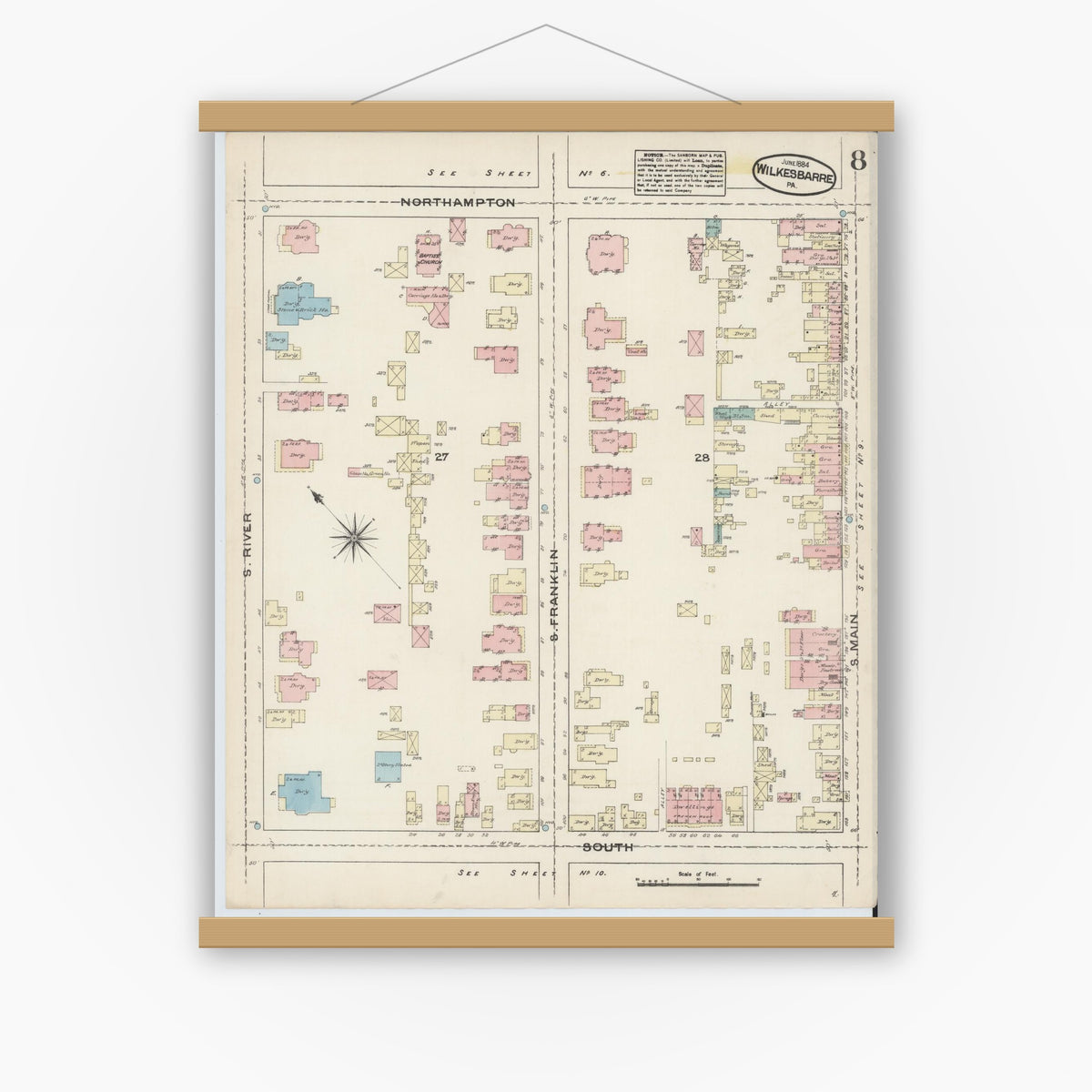 Old map wall art mockup — magnetic wood frame on white wall — Sanborn Fire Insurance Map from Wilkes Barre, Luzerne County, Pennsylvania (1884), Sheet #0008