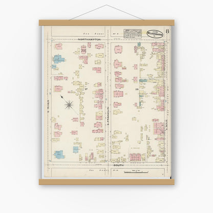 Old map wall art mockup — magnetic wood frame on white wall — Sanborn Fire Insurance Map from Wilkes Barre, Luzerne County, Pennsylvania (1884), Sheet #0008