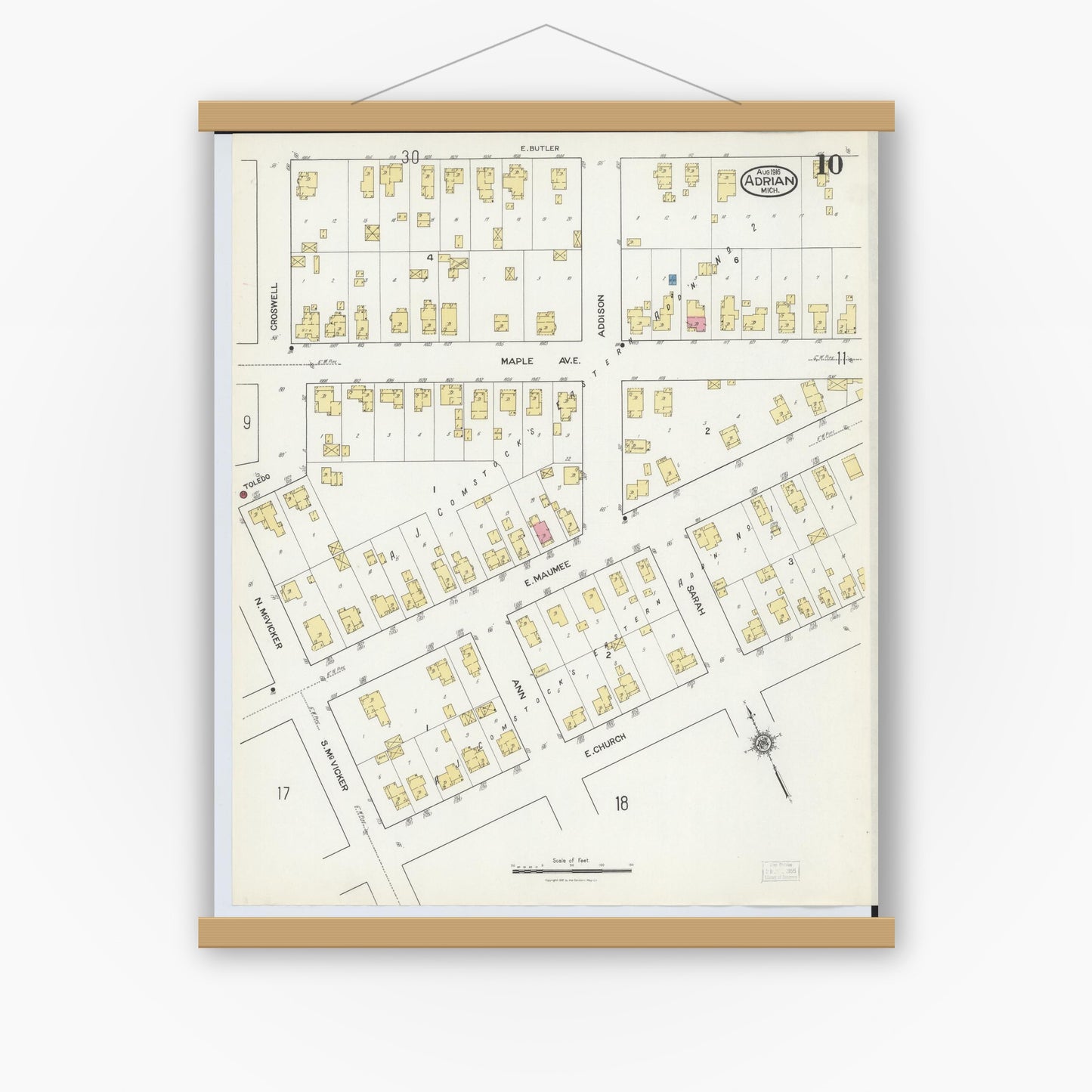 Old map wall art mockup — magnetic wood frame on white wall — Sanborn Fire Insurance Map from Adrian, Lenawee County, Michigan (1916), Sheet #0010