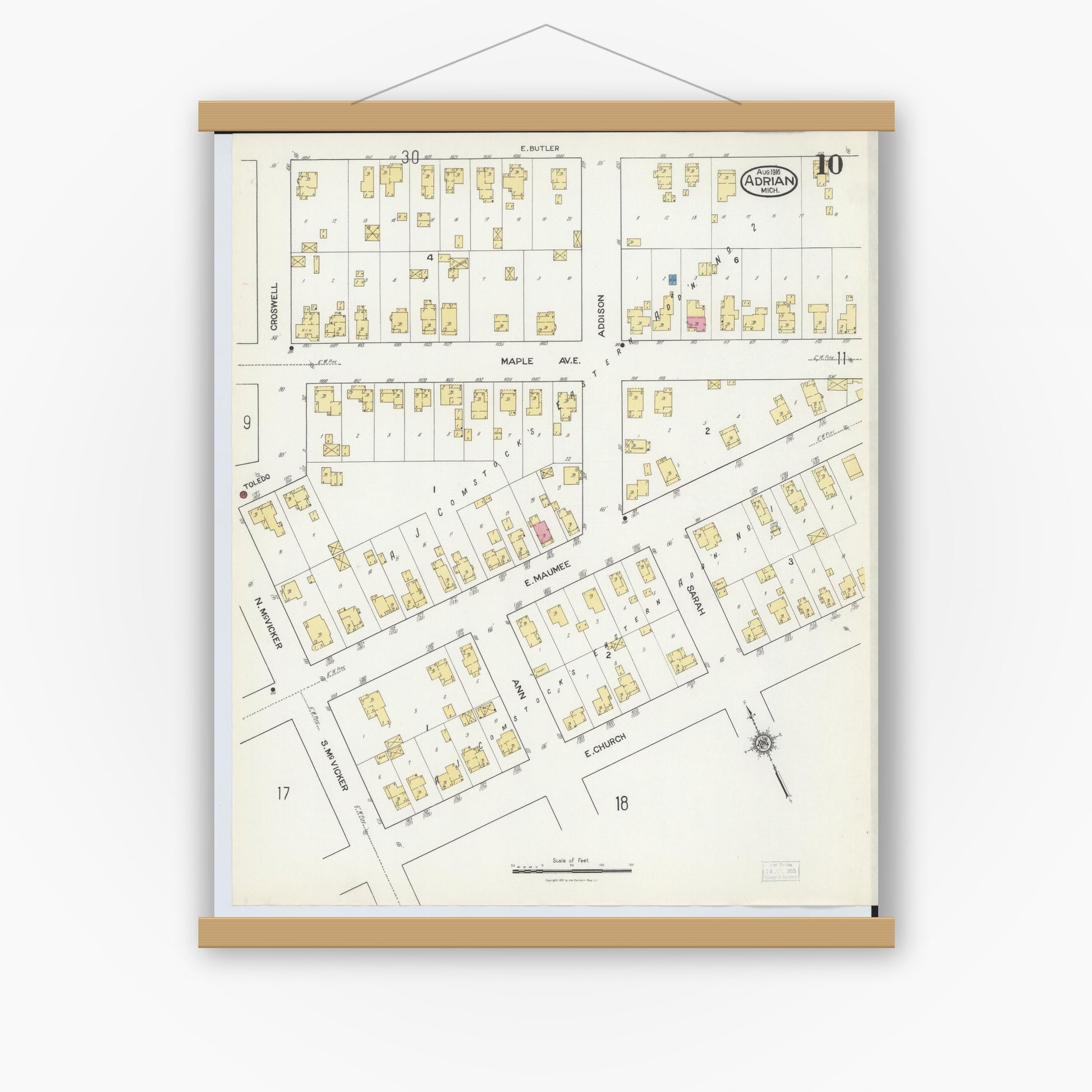 Old map wall art mockup — magnetic wood frame on white wall — Sanborn Fire Insurance Map from Adrian, Lenawee County, Michigan (1916), Sheet #0010