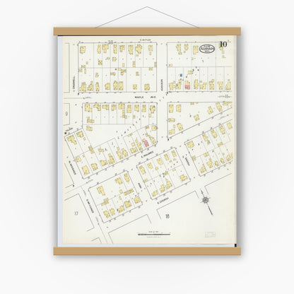 Old map wall art mockup — magnetic wood frame on white wall — Sanborn Fire Insurance Map from Adrian, Lenawee County, Michigan (1916), Sheet #0010