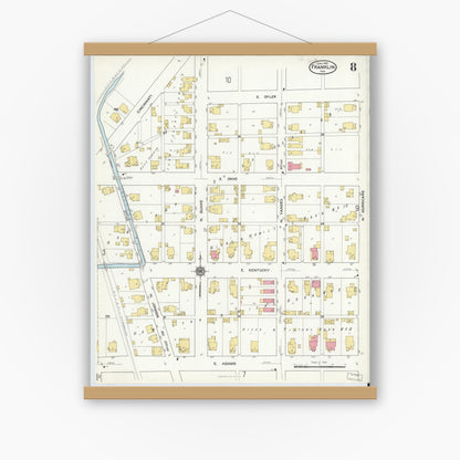Old map wall art mockup — magnetic wood frame on white wall — Sanborn Fire Insurance Map from Franklin, Johnson County, Indiana (1916), Sheet #0008