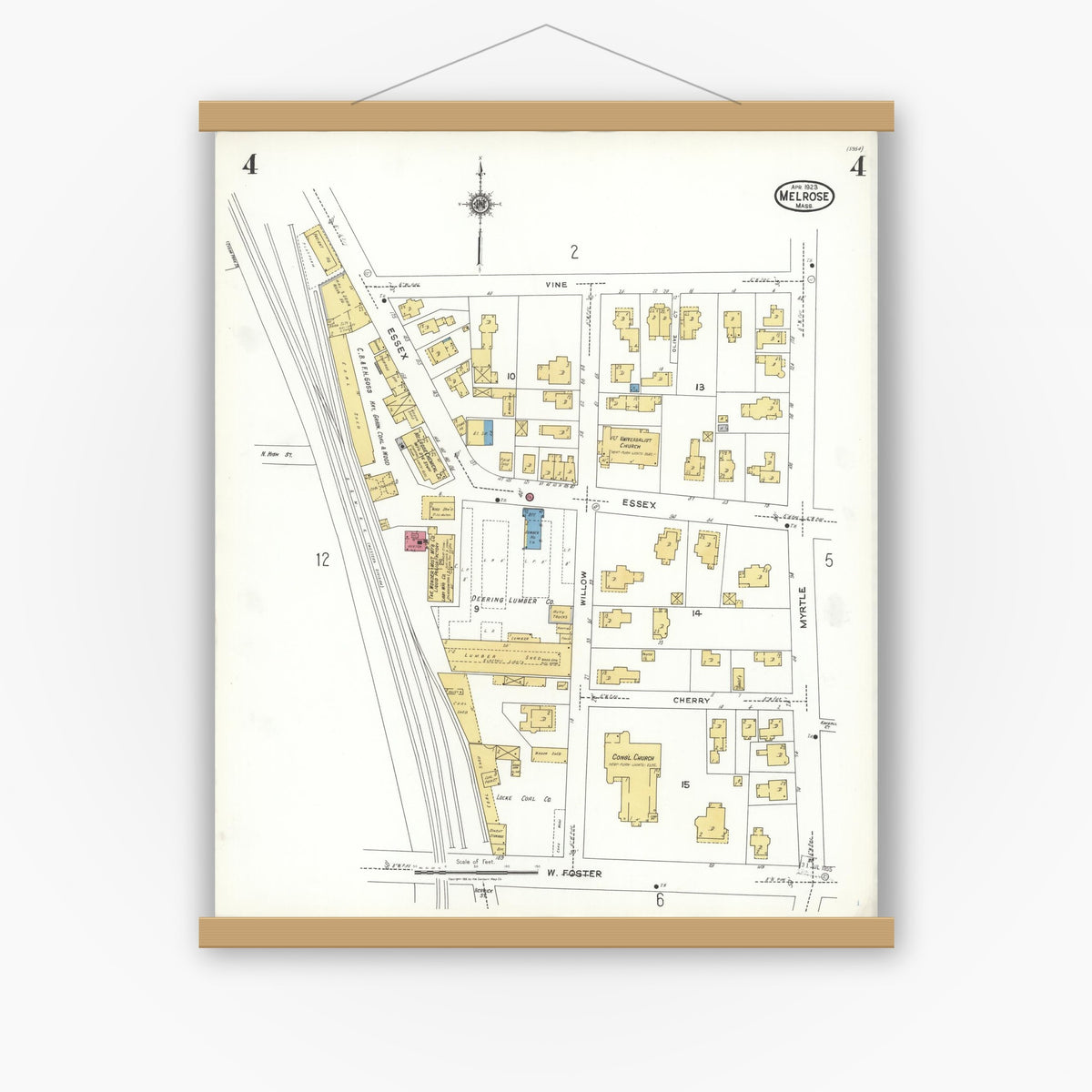 Old map wall art mockup — magnetic wood frame on white wall — Sanborn Fire Insurance Map from Melrose, Middlesex County, Massachusetts (1923), Sheet #0004