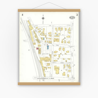 Old map wall art mockup — magnetic wood frame on white wall — Sanborn Fire Insurance Map from Melrose, Middlesex County, Massachusetts (1923), Sheet #0004