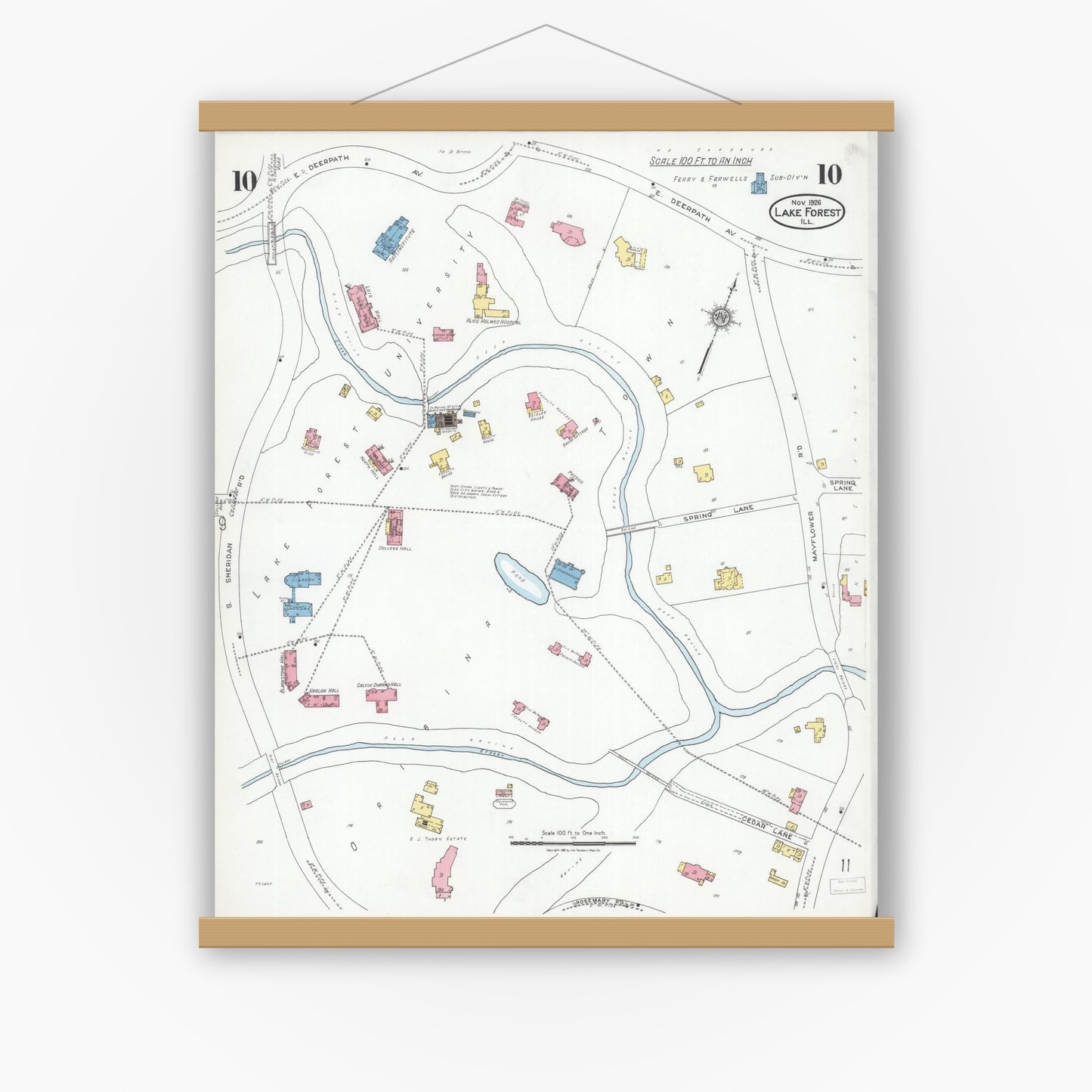 Old map wall art mockup — magnetic wood frame on white wall — Sanborn Fire Insurance Map from Lake Forest, Lake County, Illinois (1926), Sheet #0010