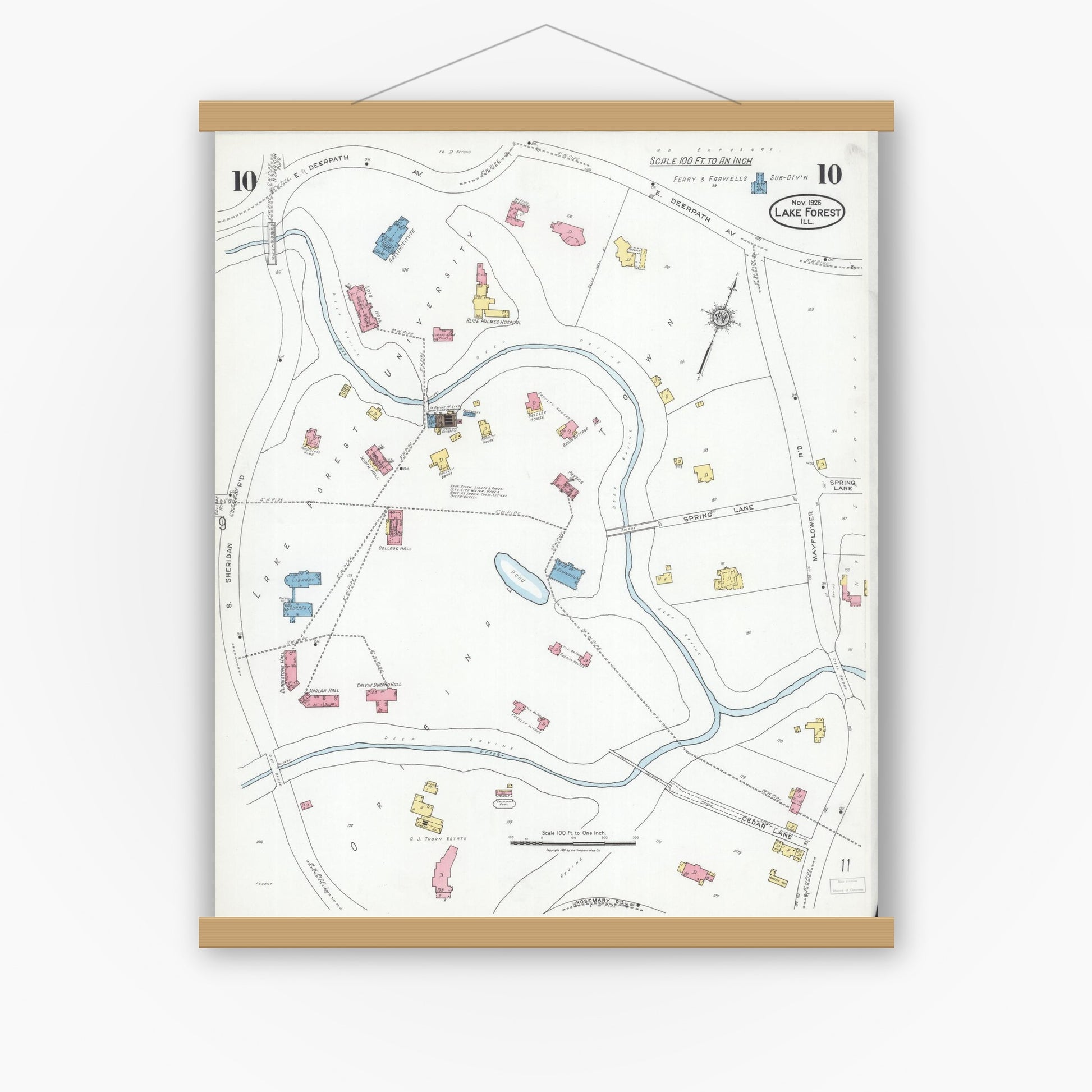 Old map wall art mockup — magnetic wood frame on white wall — Sanborn Fire Insurance Map from Lake Forest, Lake County, Illinois (1926), Sheet #0010