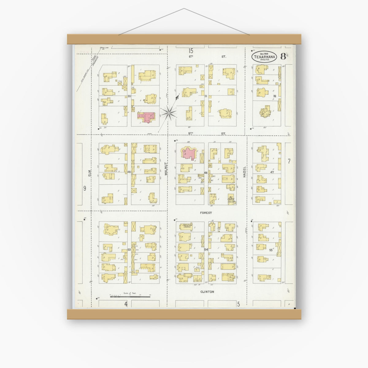 Old map wall art mockup — magnetic wood frame on white wall — Sanborn Fire Insurance Map from Texarkana, Bowie County, Texas (1900), Sheet #0008