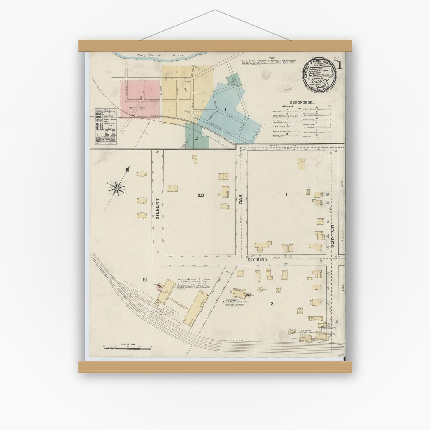 Old map wall art mockup — magnetic wood frame on white wall — Sanborn Fire Insurance Map from Sidney, Delaware County, New York (1891), Sheet #0001