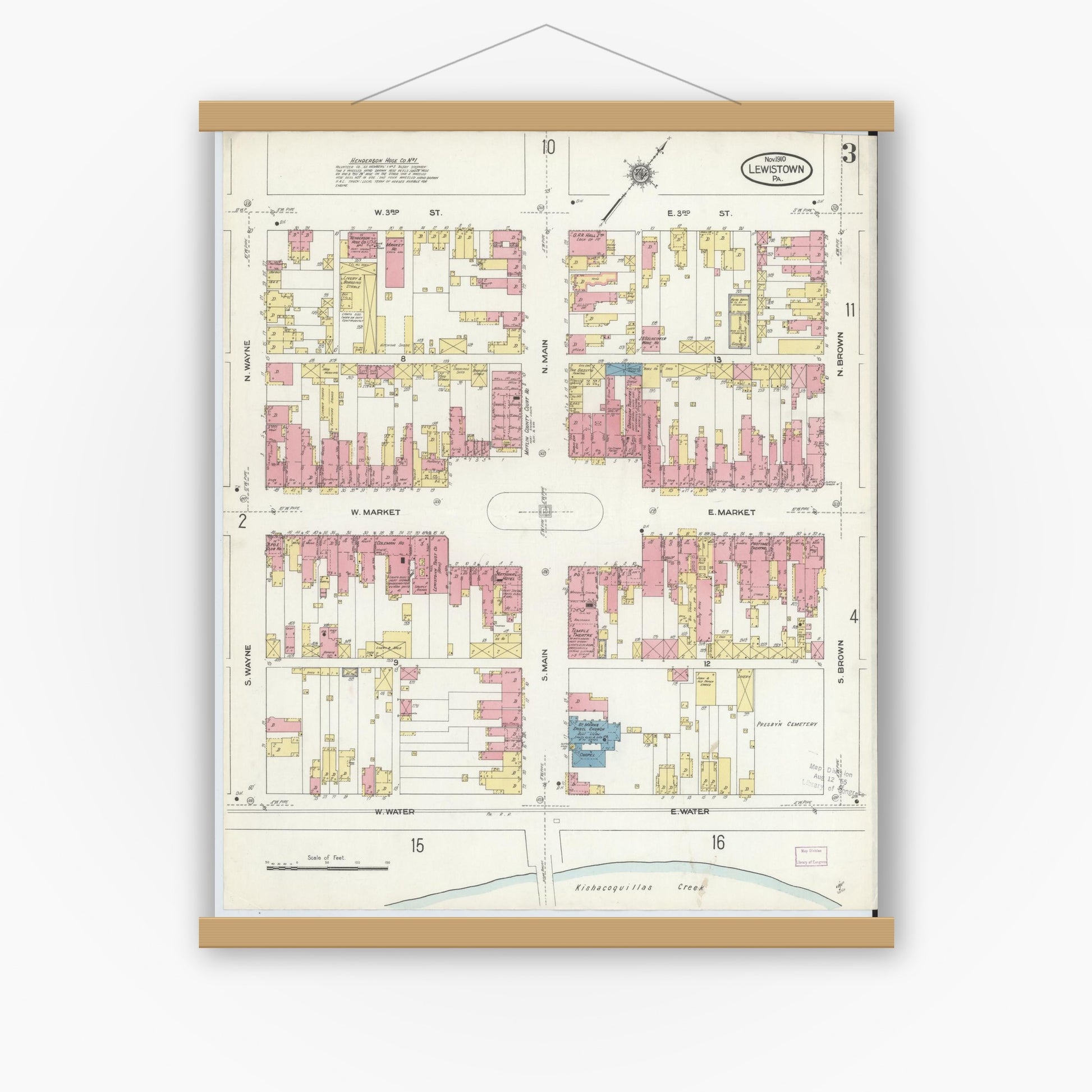 Old map wall art mockup — magnetic wood frame on white wall — Sanborn Fire Insurance Map from Lewistown, Mifflin County, Pennsylvania (1910), Sheet #0003