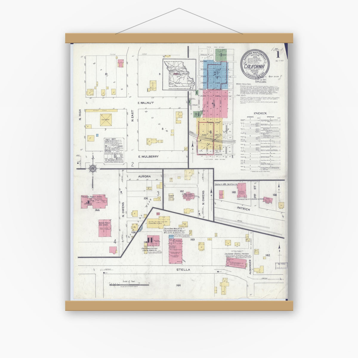 Old map wall art mockup — magnetic wood frame on white wall — Sanborn Fire Insurance Map from California, Moniteau County, Missouri (1917) - Complete Map Set
