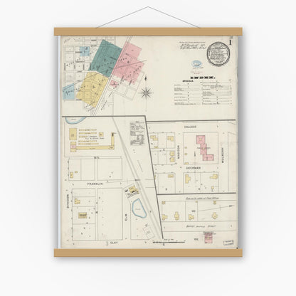 Old map wall art mockup — magnetic wood frame on white wall — Sanborn Fire Insurance Map from Oakland City, Gibson County, Indiana (1894) - Complete Map Set