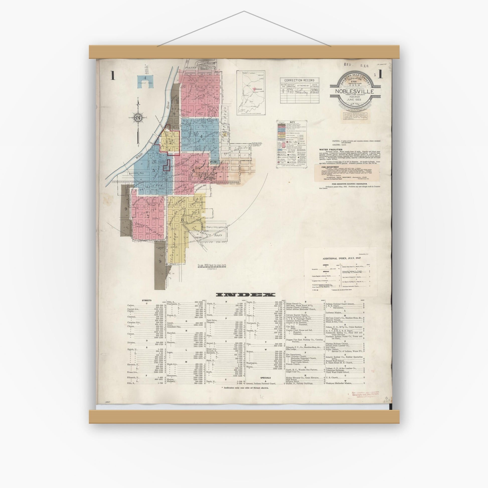 Old map wall art mockup — magnetic wood frame on white wall — Sanborn Fire Insurance Map from Noblesville, Hamilton County, Indiana (1947) - Complete Map Set