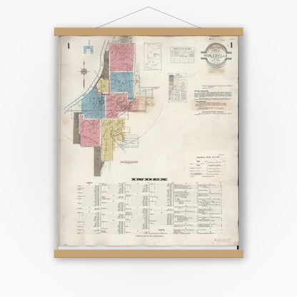 Old map wall art mockup — magnetic wood frame on white wall — Sanborn Fire Insurance Map from Noblesville, Hamilton County, Indiana (1947) - Complete Map Set