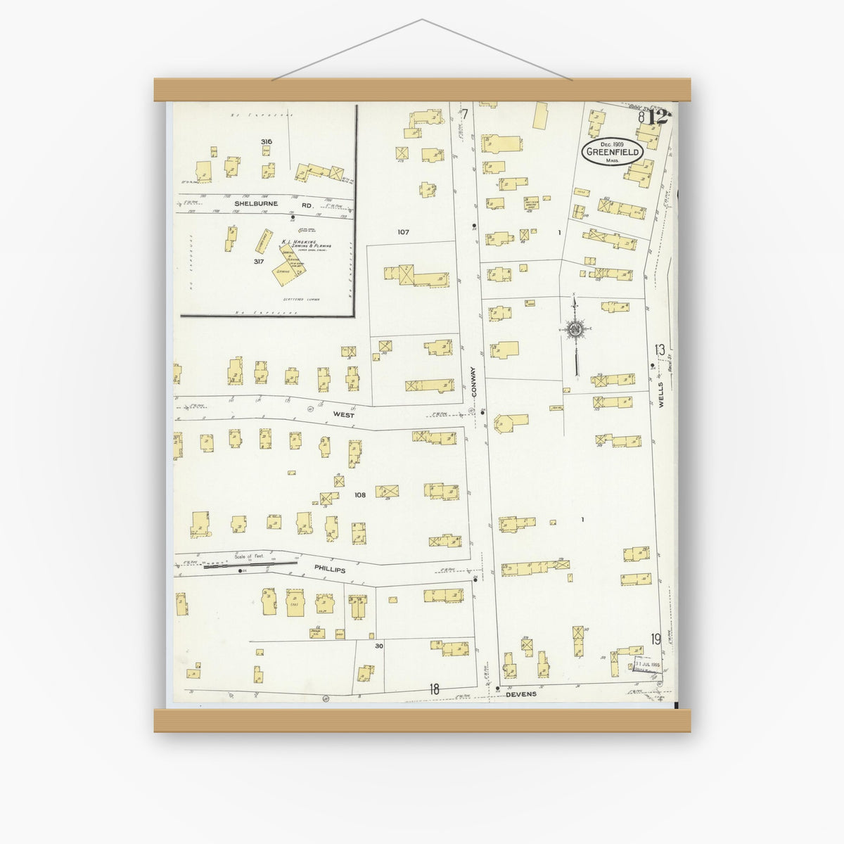 Old map wall art mockup — magnetic wood frame on white wall — Sanborn Fire Insurance Map from Greenfield, Franklin County, Massachusetts (1909), Sheet #0012