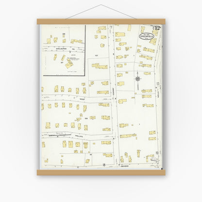 Old map wall art mockup — magnetic wood frame on white wall — Sanborn Fire Insurance Map from Greenfield, Franklin County, Massachusetts (1909), Sheet #0012
