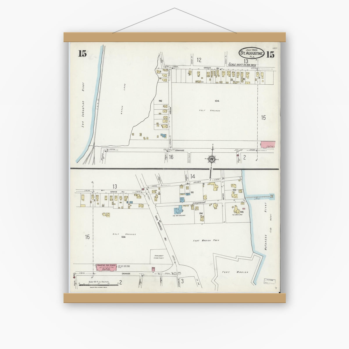 Old map wall art mockup — magnetic wood frame on white wall — Sanborn Fire Insurance Map from Saint Augustine, Saint John's County, Florida (1924), Sheet #0015