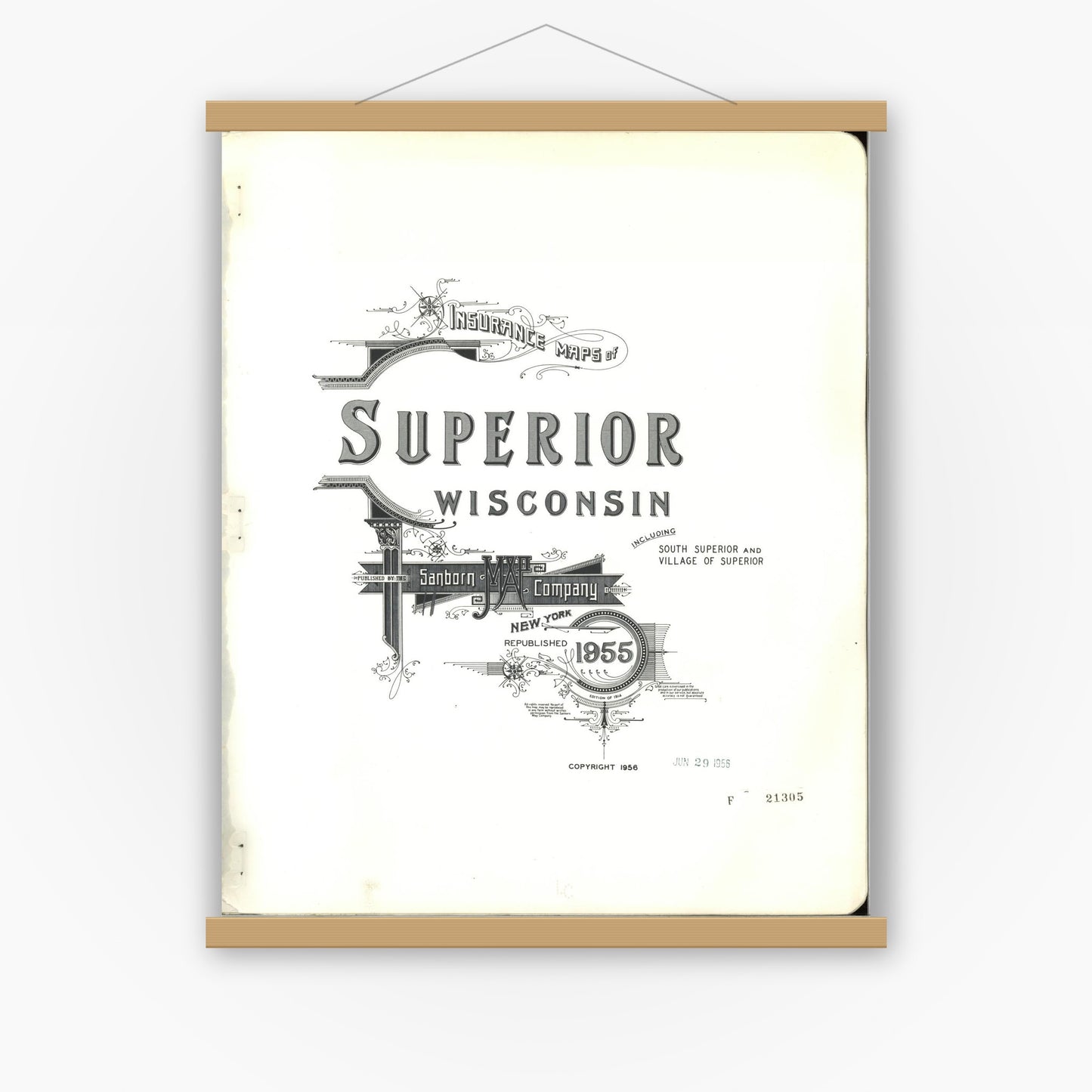 Old map wall art mockup — magnetic wood frame on white wall — Sanborn Fire Insurance Map from Superior, Douglas County, Wisconsin (1955), Sheet #0001