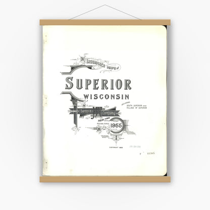 Old map wall art mockup — magnetic wood frame on white wall — Sanborn Fire Insurance Map from Superior, Douglas County, Wisconsin (1955), Sheet #0001