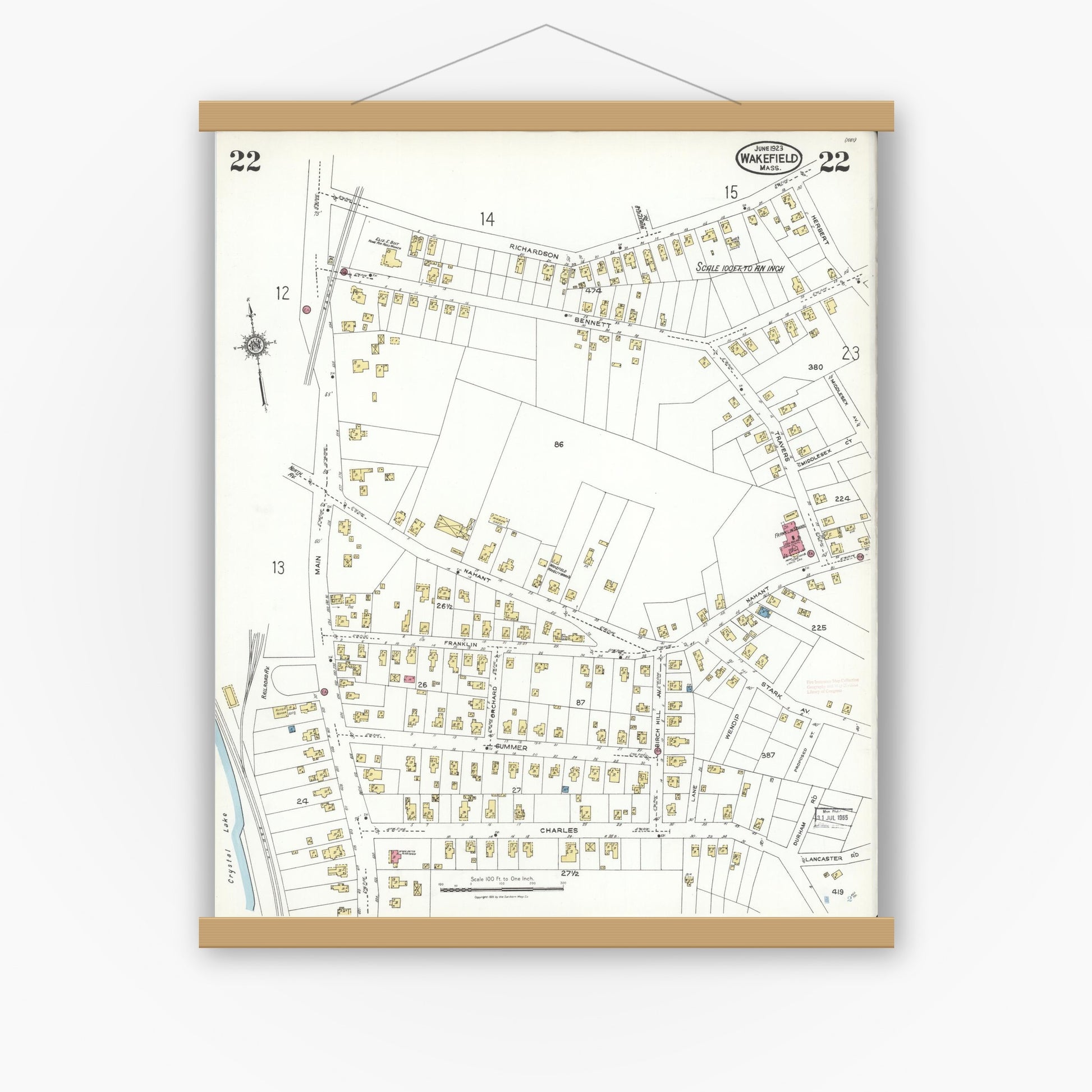 Old map wall art mockup — magnetic wood frame on white wall — Sanborn Fire Insurance Map from Wakefield, Middlesex County, Massachusetts (1923), Sheet #0022