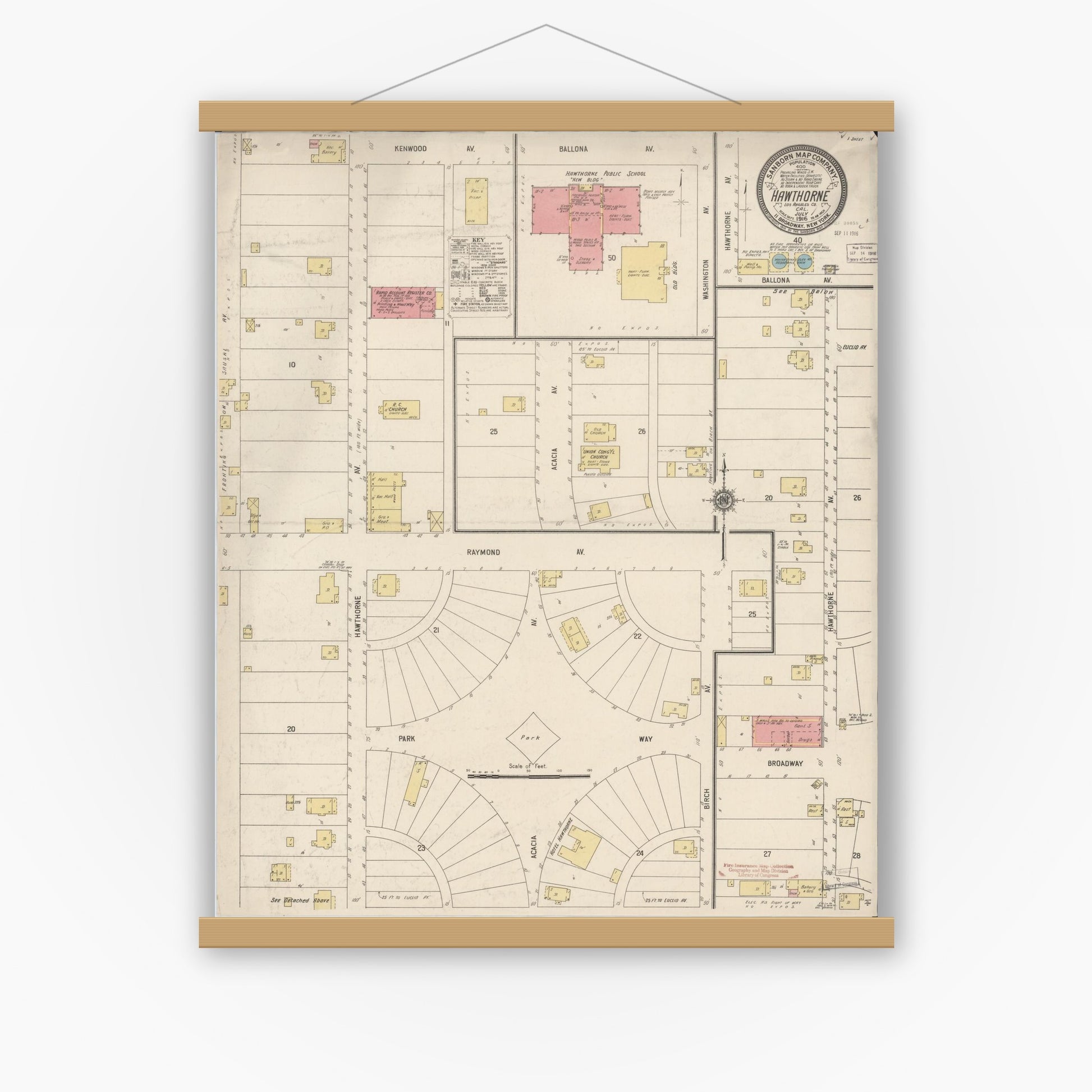 Old map wall art mockup — magnetic wood frame on white wall — Sanborn Fire Insurance Map from Hawthorne, Los Angeles County, California (1916), Sheet #0001