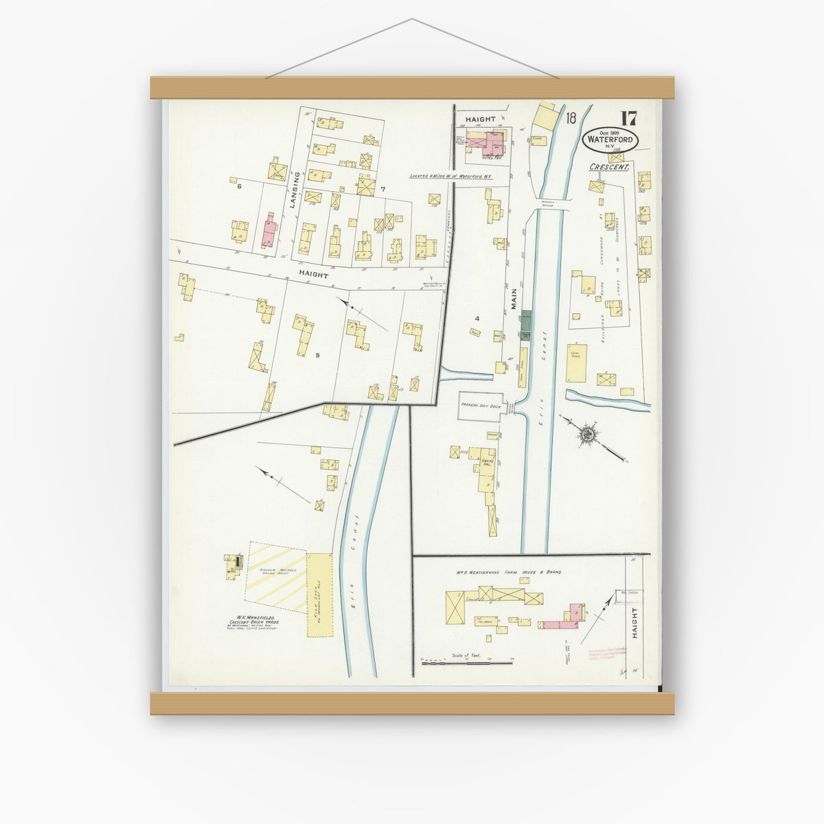 Old map wall art mockup — magnetic wood frame on white wall — Sanborn Fire Insurance Map from Waterford, Saratoga County, New York (1909), Sheet #0017