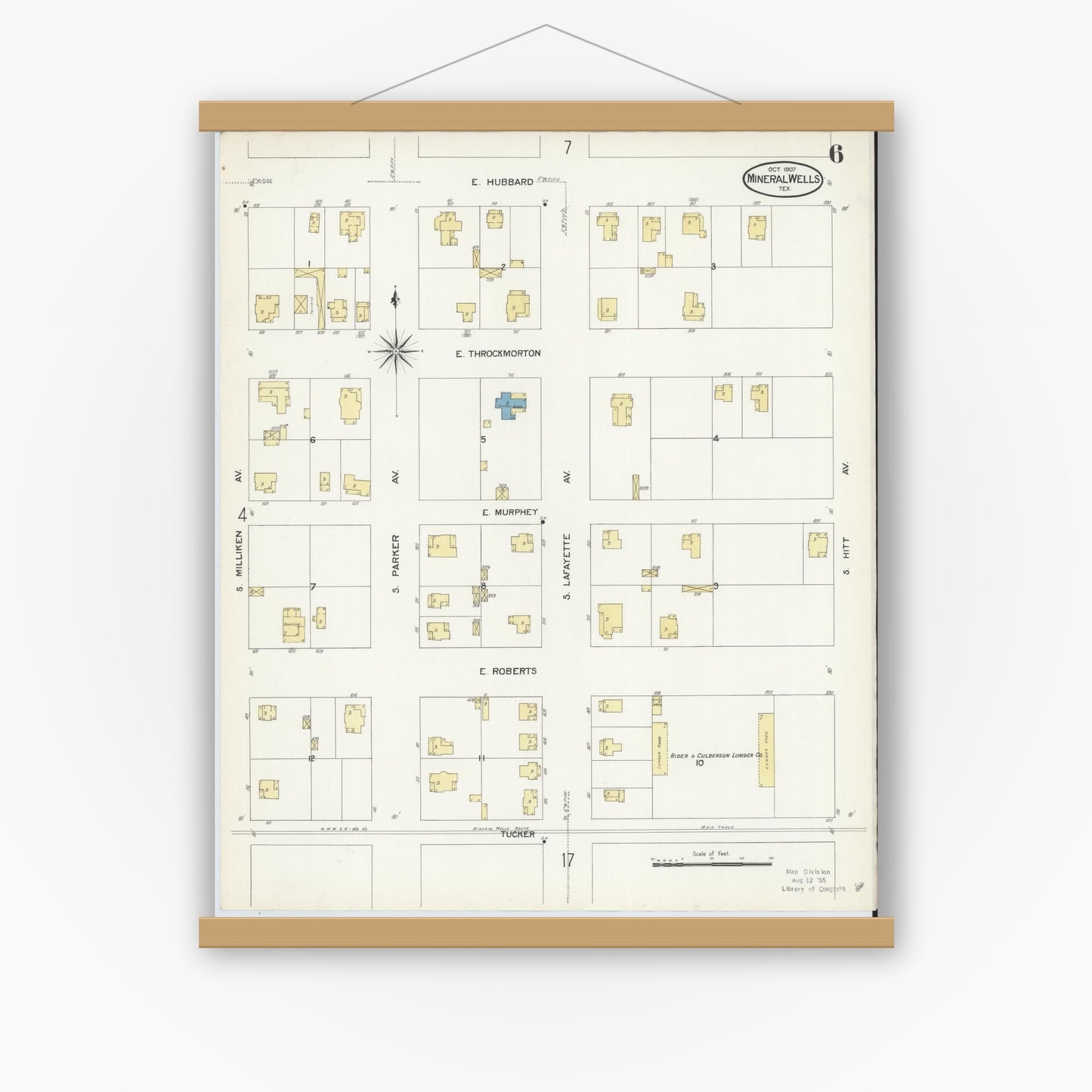 Old map wall art mockup — magnetic wood frame on white wall — Sanborn Fire Insurance Map from Mineral Wells, Palo Pinto County, Texas (1907), Sheet #0006