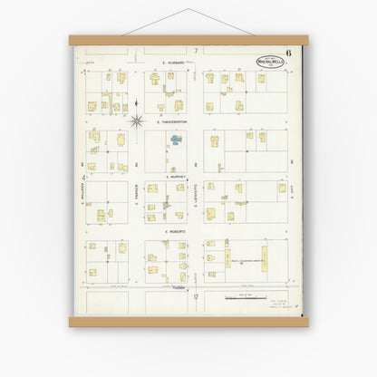 Old map wall art mockup — magnetic wood frame on white wall — Sanborn Fire Insurance Map from Mineral Wells, Palo Pinto County, Texas (1907), Sheet #0006
