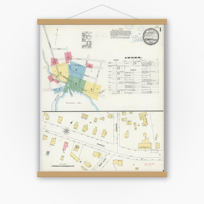 Old map wall art mockup — magnetic wood frame on white wall — Sanborn Fire Insurance Map from Skaneateles, Onondaga County, New York (1898), Sheet #0001