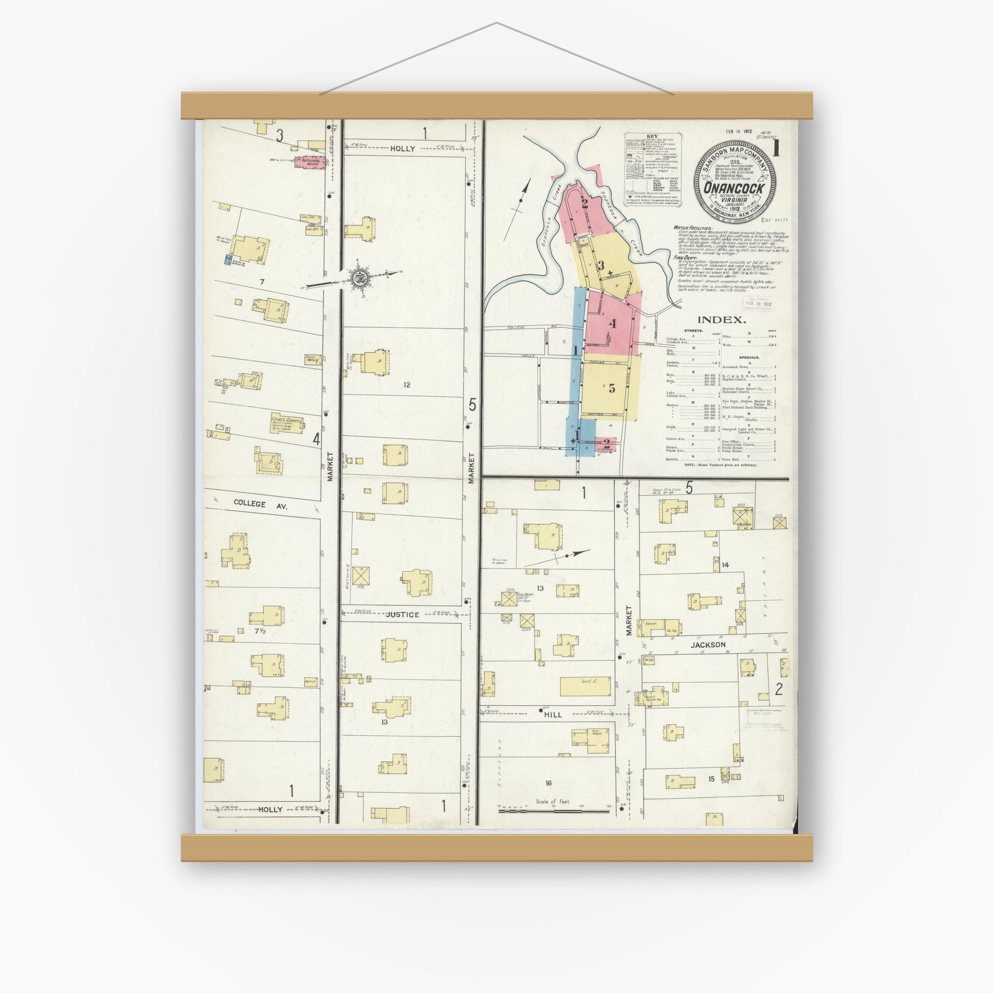 Old map wall art mockup — magnetic wood frame on white wall — Sanborn Fire Insurance Map from Onancock, Accomack County, Virginia (1912) - Complete Map Set