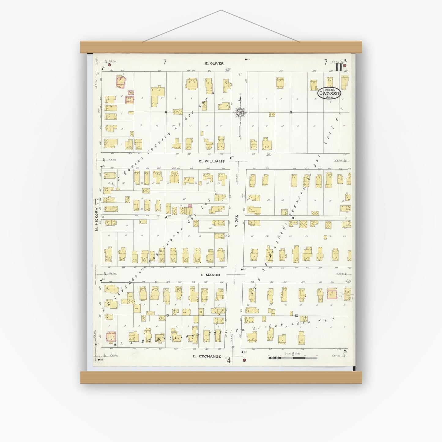 Old map wall art mockup — magnetic wood frame on white wall — Sanborn Fire Insurance Map from Owosso, Shiawassee County, Michigan (1915), Sheet #0011