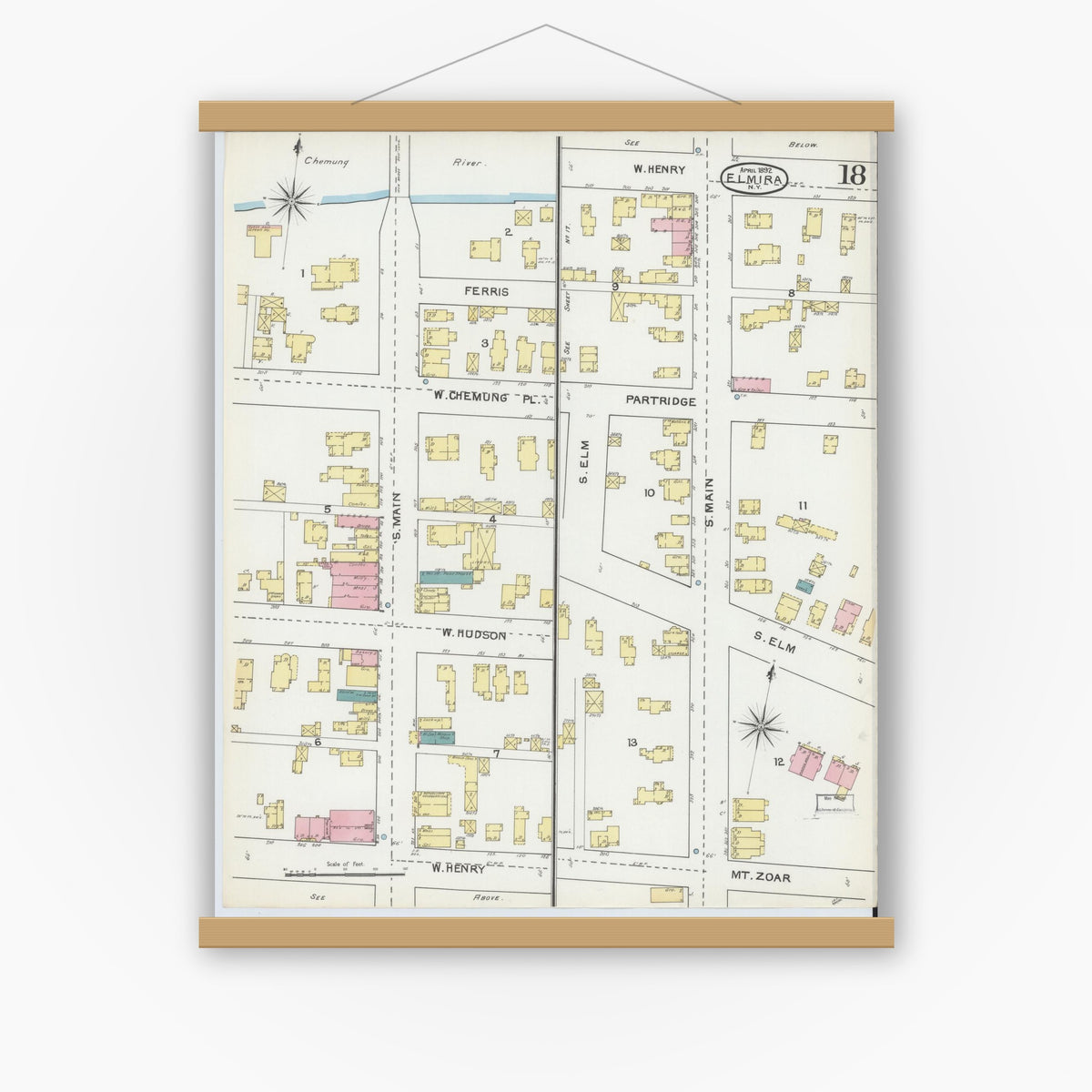 Old map wall art mockup — magnetic wood frame on white wall — Sanborn Fire Insurance Map from Elmira, Chemung County, New York (1892), Sheet #0018
