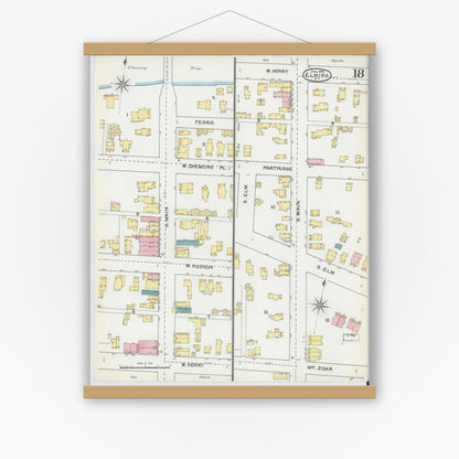 Old map wall art mockup — magnetic wood frame on white wall — Sanborn Fire Insurance Map from Elmira, Chemung County, New York (1892), Sheet #0018