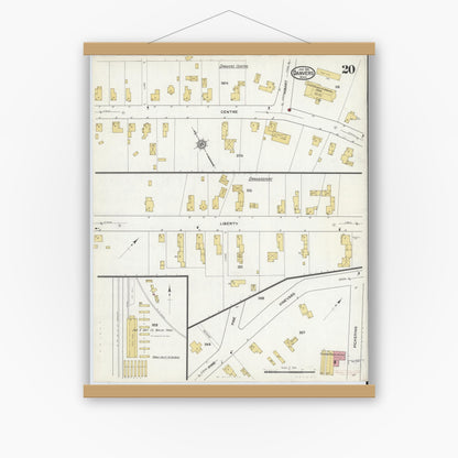 Old map wall art mockup — magnetic wood frame on white wall — Sanborn Fire Insurance Map from Danvers, Essex County, Massachusetts (1916), Sheet #0020