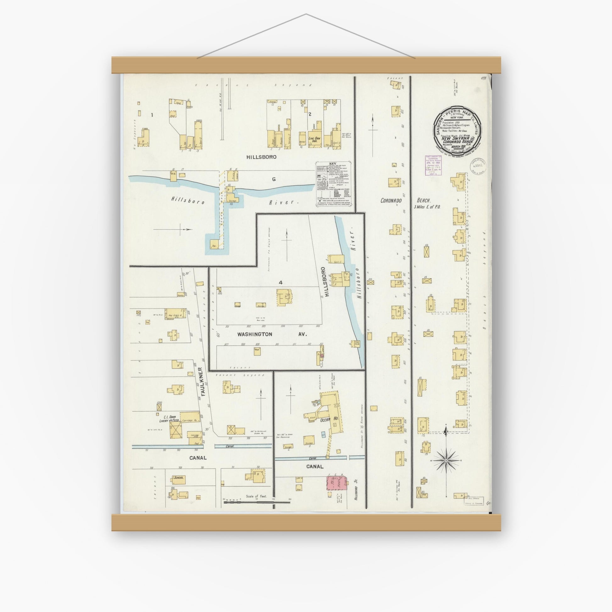 Old map wall art mockup — magnetic wood frame on white wall — Sanborn Fire Insurance Map from New Smyrna, Valusia County, Florida (1901), Sheet #0001
